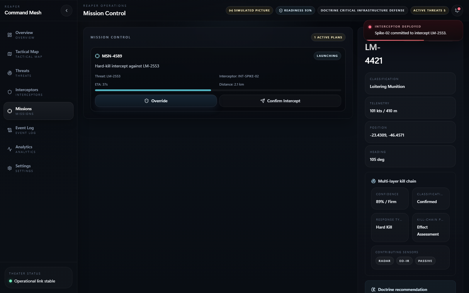 Preview atual do painel de missões Reaper com interceptador em lançamento e foco do alvo ao lado.
